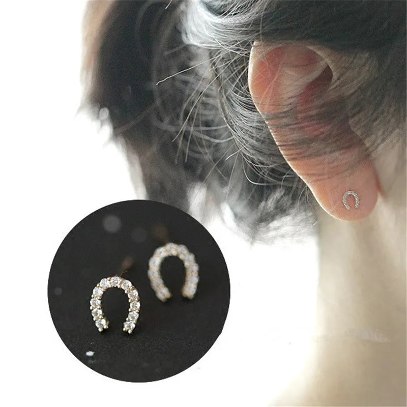 925 Sterling Silver 14K Gold Plating Pavé Crystal Horseshoe U-shaped Stud Earrings Women Light Luxury Wedding Party Jewelry