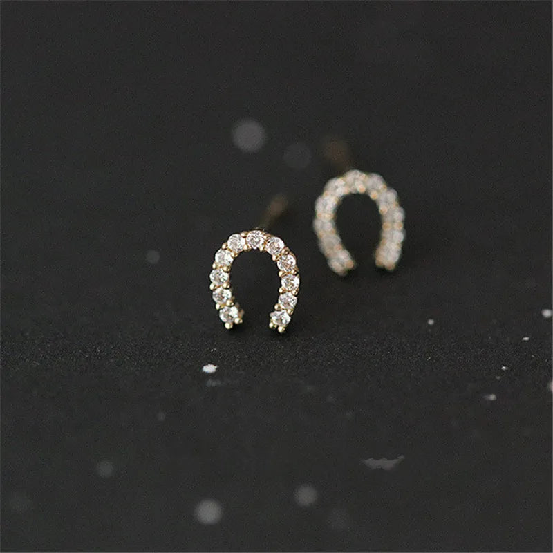 925 Sterling Silver 14K Gold Plating Pavé Crystal Horseshoe U-shaped Stud Earrings Women Light Luxury Wedding Party Jewelry