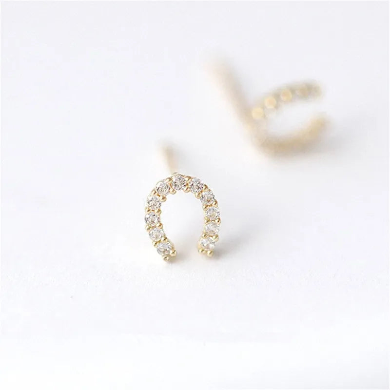 925 Sterling Silver 14K Gold Plating Pavé Crystal Horseshoe U-shaped Stud Earrings Women Light Luxury Wedding Party Jewelry