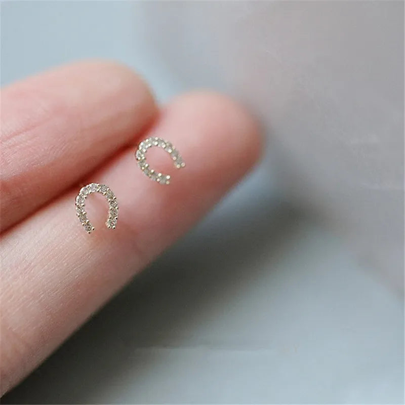 925 Sterling Silver 14K Gold Plating Pavé Crystal Horseshoe U-shaped Stud Earrings Women Light Luxury Wedding Party Jewelry