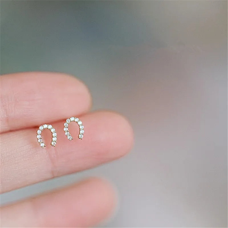 925 Sterling Silver 14K Gold Plating Pavé Crystal Horseshoe U-shaped Stud Earrings Women Light Luxury Wedding Party Jewelry