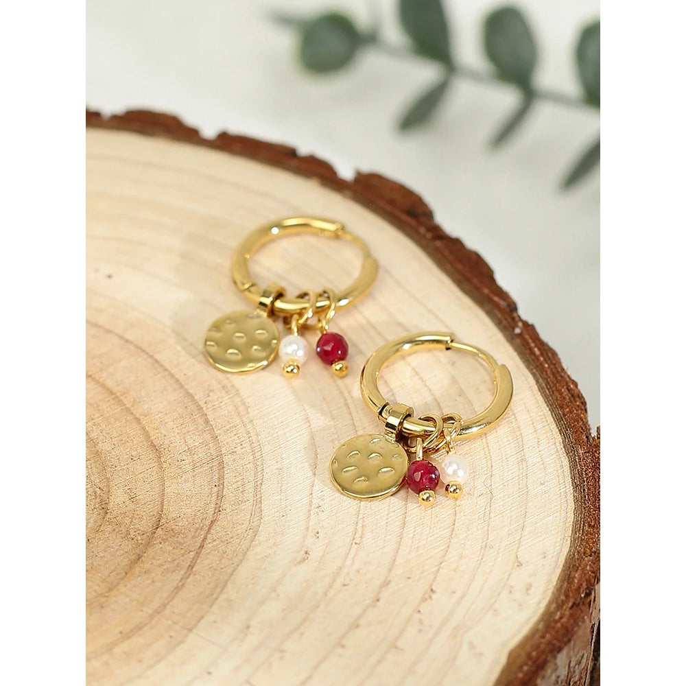 18K Gold Plated Stainless Steel Hoop Earrings for Women Metal Irregular Texture Natural Stone Charms Trendy Jewelry