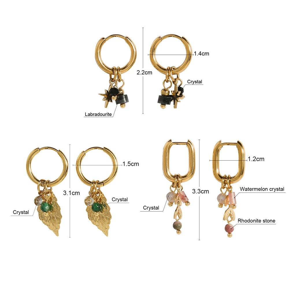 18K Gold Plated Stainless Steel Hoop Earrings for Women Metal Irregular Texture Natural Stone Charms Trendy Jewelry