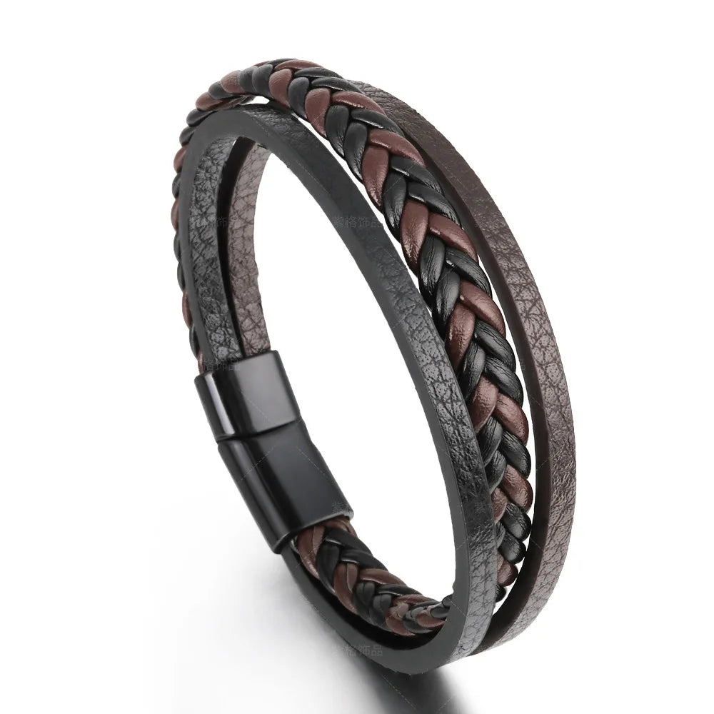 Trendy Leather Bracelets For Men Stainless Steel Bracelet 21CM Multilayer Braided Rope Bracelets for Male Jewelry Gifts