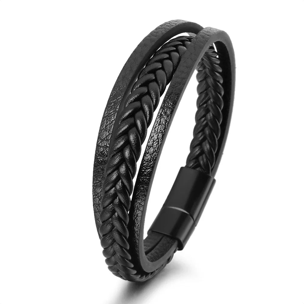 Trendy Leather Bracelets For Men Stainless Steel Bracelet 21CM Multilayer Braided Rope Bracelets for Male Jewelry Gifts