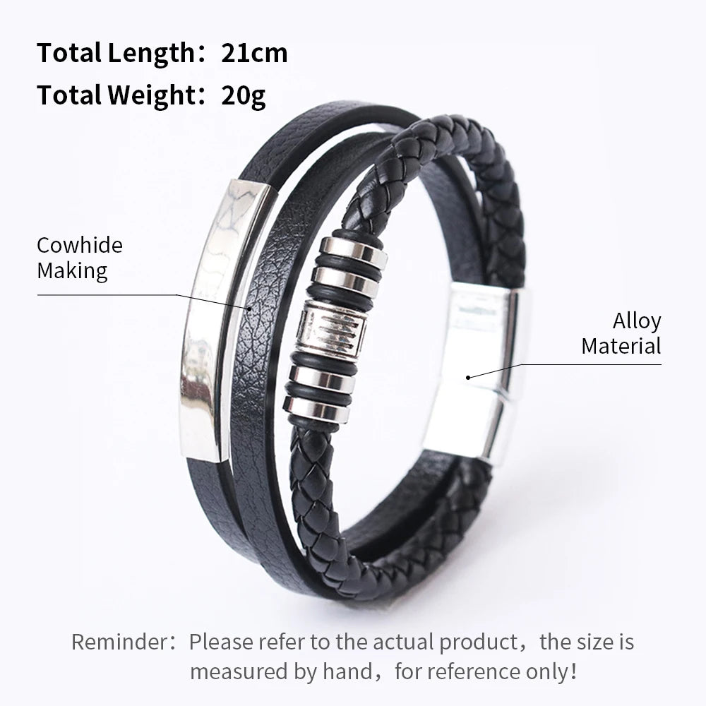 Trendy Leather Bracelets For Men Stainless Steel Bracelet 21CM Multilayer Braided Rope Bracelets for Male Jewelry Gifts