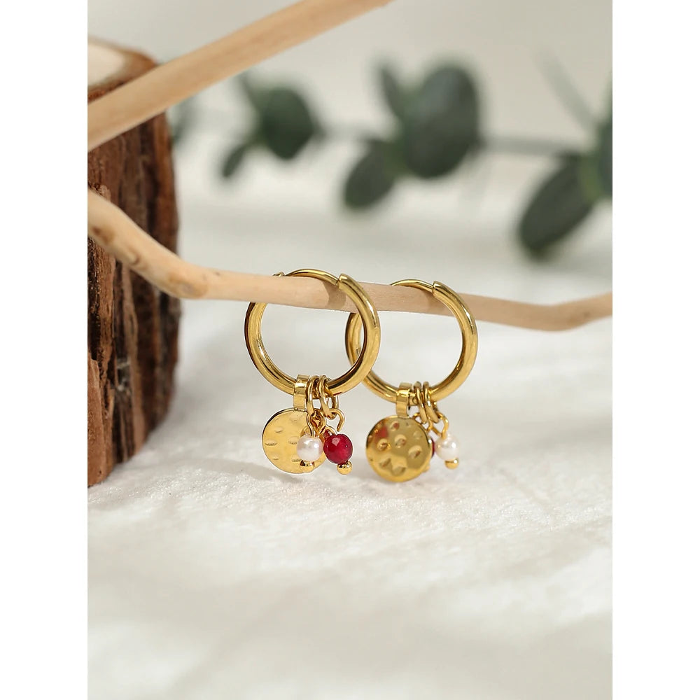 18K Gold Plated Stainless Steel Hoop Earrings for Women Metal Irregular Texture Natural Stone Charms Trendy Jewelry