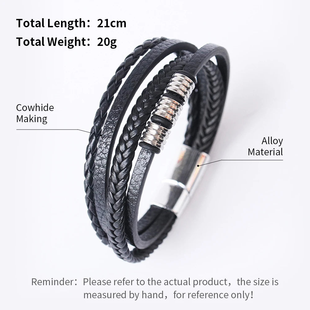 Trendy Leather Bracelets For Men Stainless Steel Bracelet 21CM Multilayer Braided Rope Bracelets for Male Jewelry Gifts