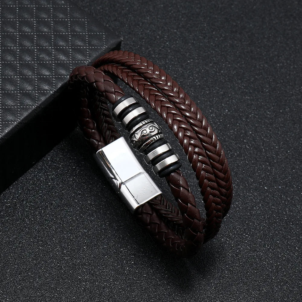 Trendy Leather Bracelets For Men Stainless Steel Bracelet 21CM Multilayer Braided Rope Bracelets for Male Jewelry Gifts