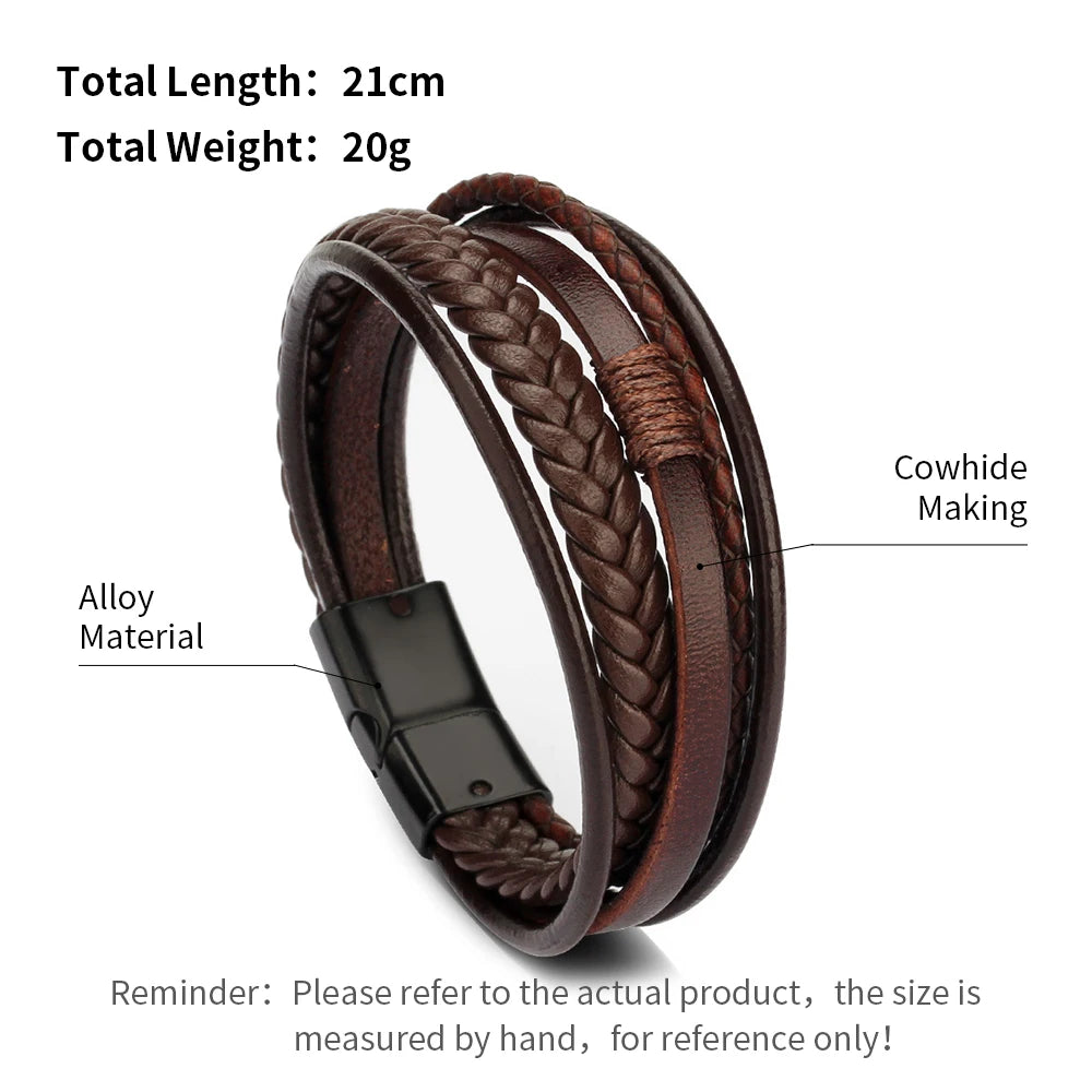 Trendy Leather Bracelets For Men Stainless Steel Bracelet 21CM Multilayer Braided Rope Bracelets for Male Jewelry Gifts