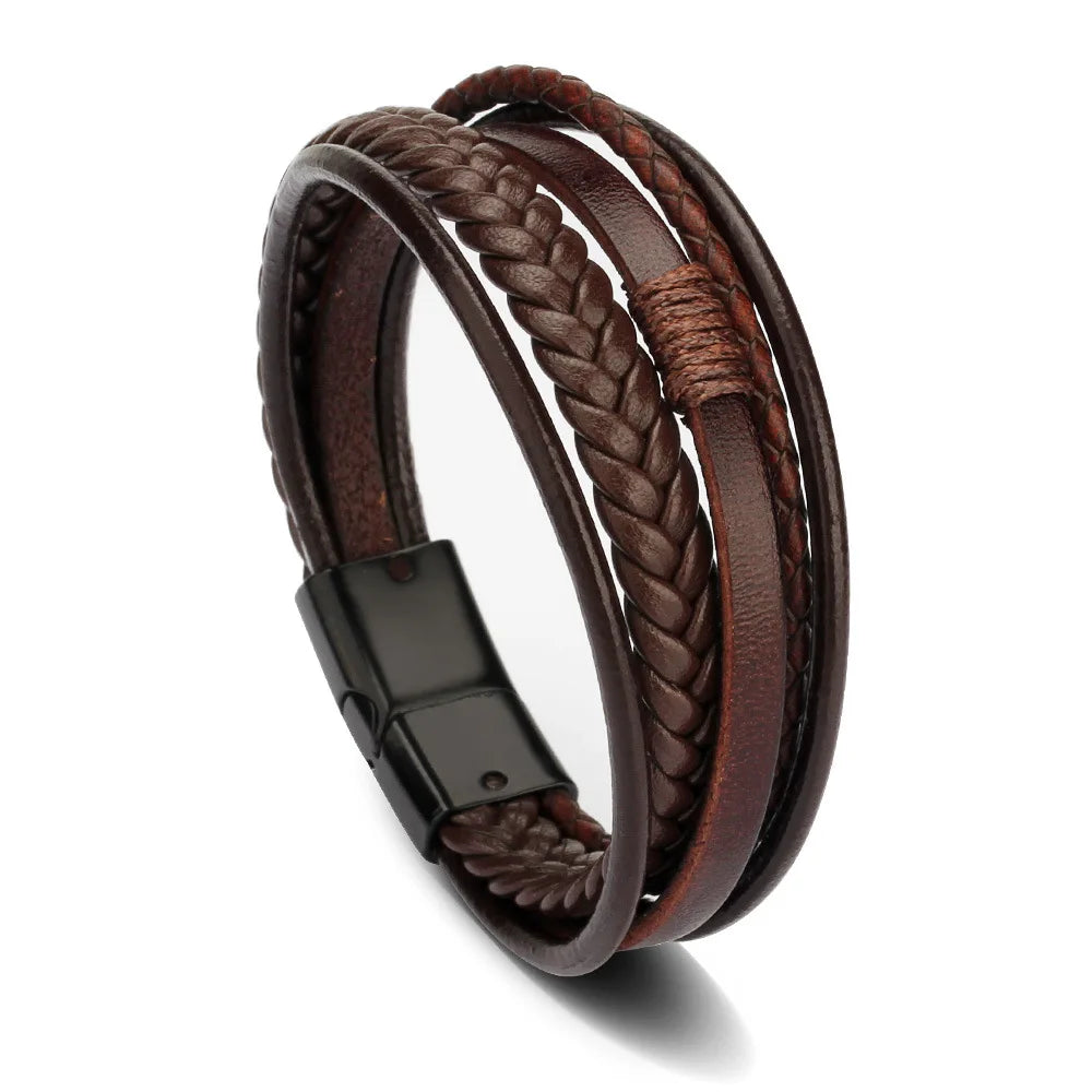 Trendy Leather Bracelets For Men Stainless Steel Bracelet 21CM Multilayer Braided Rope Bracelets for Male Jewelry Gifts