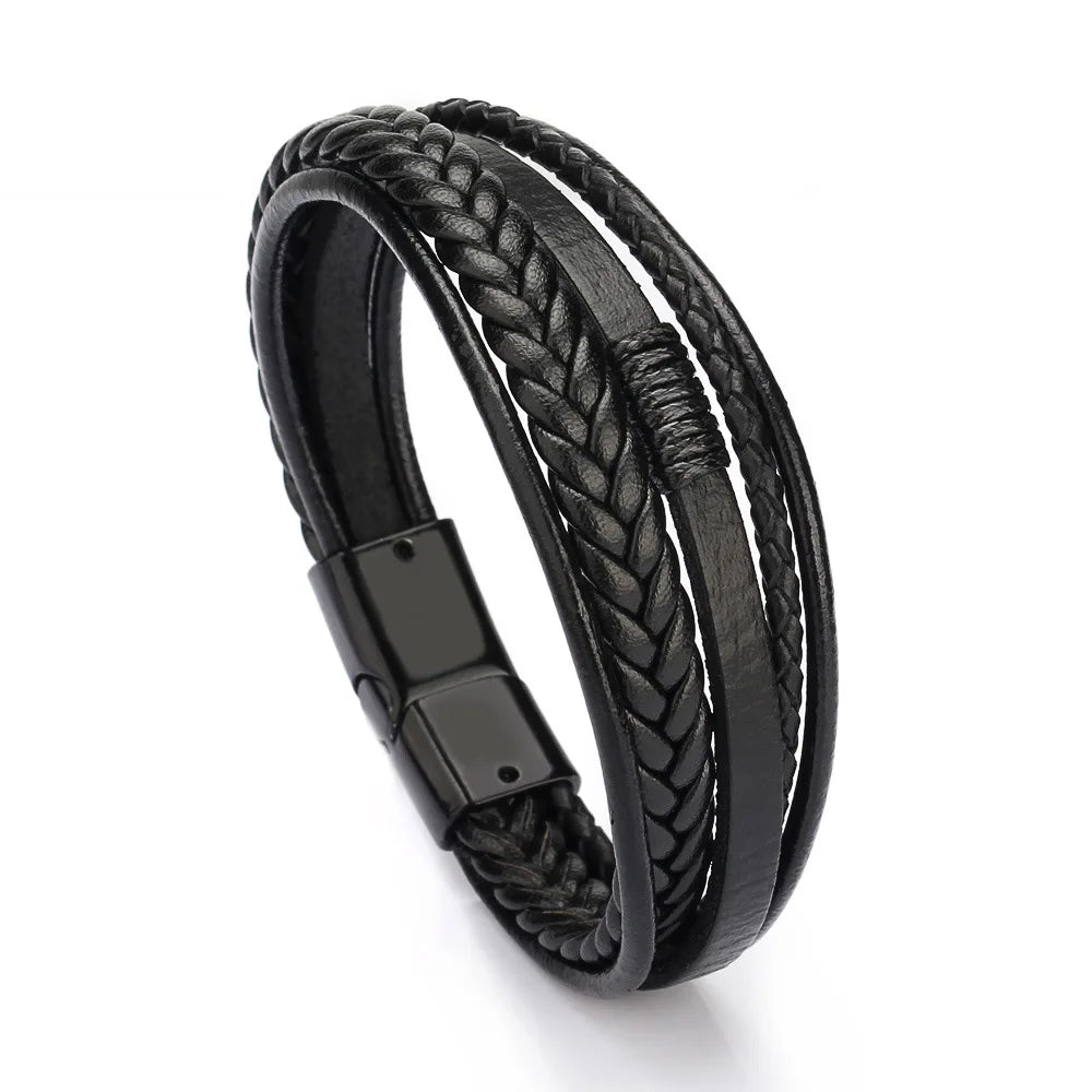 Trendy Leather Bracelets For Men Stainless Steel Bracelet 21CM Multilayer Braided Rope Bracelets for Male Jewelry Gifts