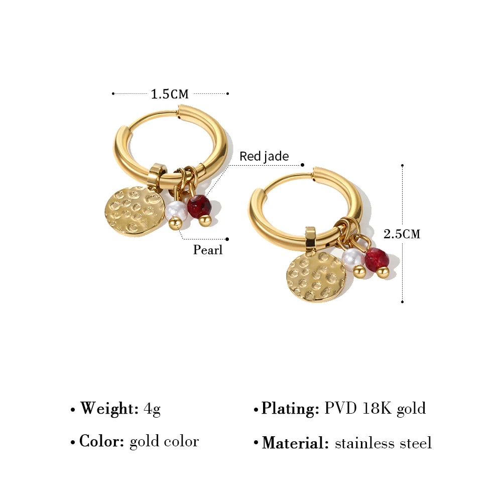 18K Gold Plated Stainless Steel Hoop Earrings for Women Metal Irregular Texture Natural Stone Charms Trendy Jewelry