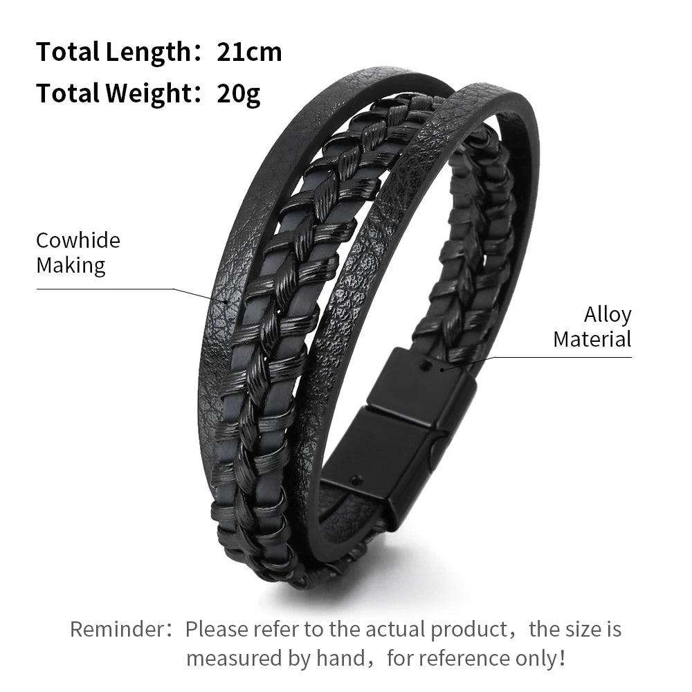 Trendy Leather Bracelets For Men Stainless Steel Bracelet 21CM Multilayer Braided Rope Bracelets for Male Jewelry Gifts