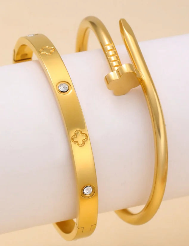 18K Gold Plated Open Clasp Bangle Bracelet Stainless Steel Cuff Bracelets Screw for Women Men Stainless Steel Bangles With Cubic