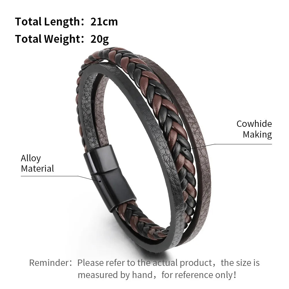 Trendy Leather Bracelets For Men Stainless Steel Bracelet 21CM Multilayer Braided Rope Bracelets for Male Jewelry Gifts